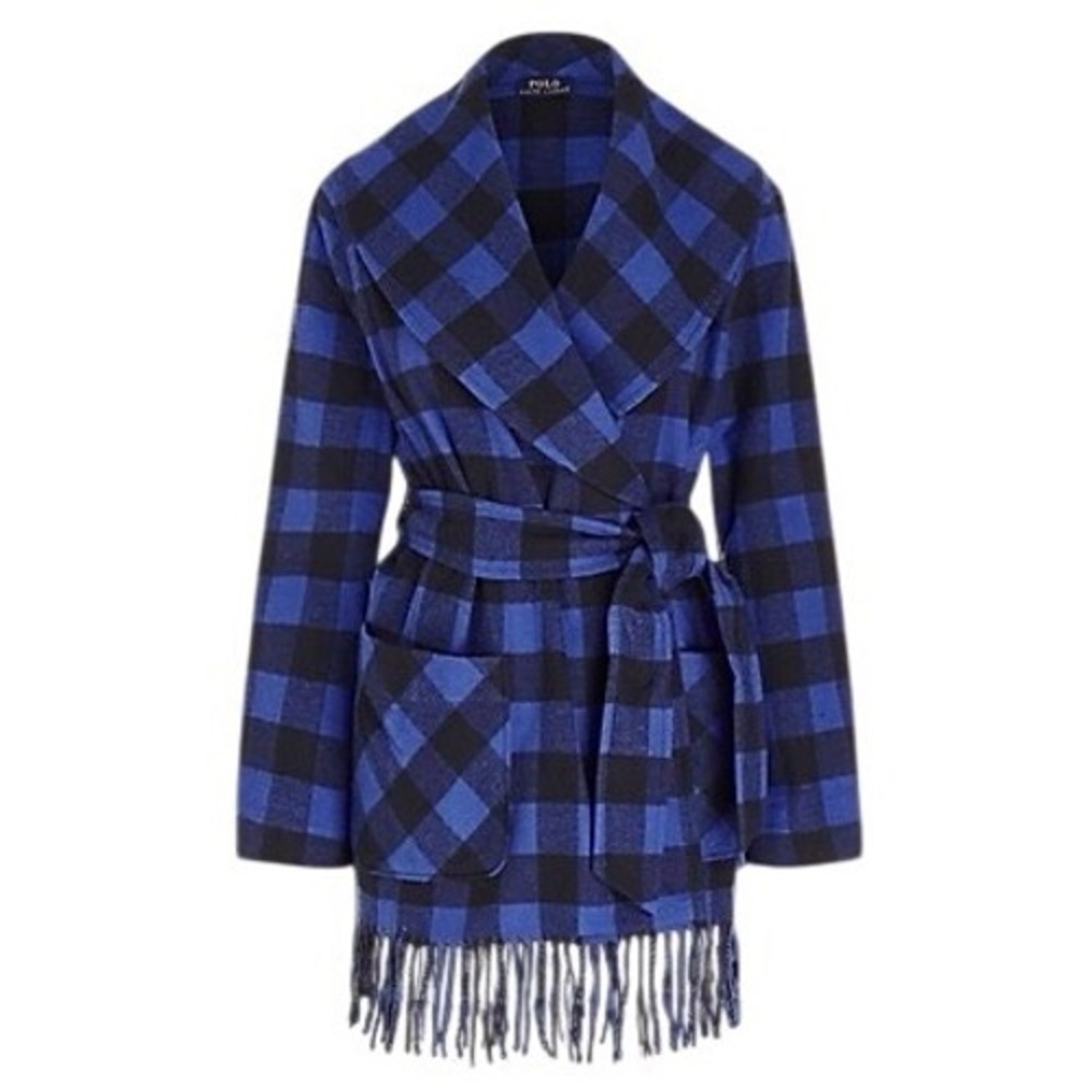 Polo Ralph Lauren Blue Buffalo Plaid Fringe Edge Belt Women Large Wrap Jacket